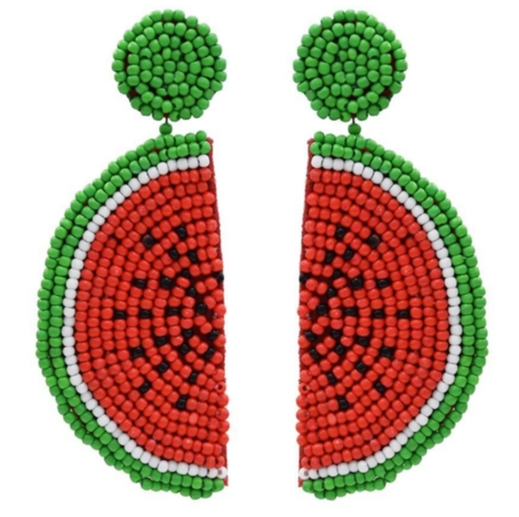 Long 3" Watermelon Slices Cute Handmade Green Red Beaded Post Festival Earrings - Picture 2 of 5